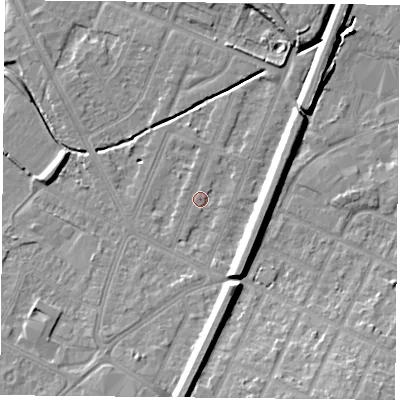Shaded relief map of the ground around LE47HB, computed from Environment Agency LiDAR. The ground here sits at about 54 m above sea level and falls 11 m across the surrounding 800 m. Surface water reaching this point runs off ground lying to the south-east, 8.9 m higher.