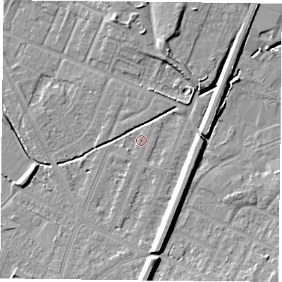Shaded relief map of the ground around LE47HD, computed from Environment Agency LiDAR. The ground here sits at about 54 m above sea level and falls 9 m across the surrounding 800 m. Surface water reaching this point runs off ground lying to the south-west, 0.8 m higher.