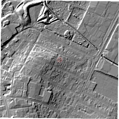 Shaded relief map of the ground around LE47NB, computed from Environment Agency LiDAR. The ground here sits at about 54 m above sea level and falls 10 m across the surrounding 800 m. Surface water reaching this point runs off ground lying to the west, 2.5 m higher.