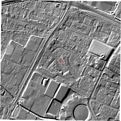 Shaded relief map of the ground around LE47ND, computed from Environment Agency LiDAR. The ground here sits at about 51 m above sea level and falls 7 m across the surrounding 800 m. Surface water reaching this point runs off ground lying to the east, 6.0 m higher.