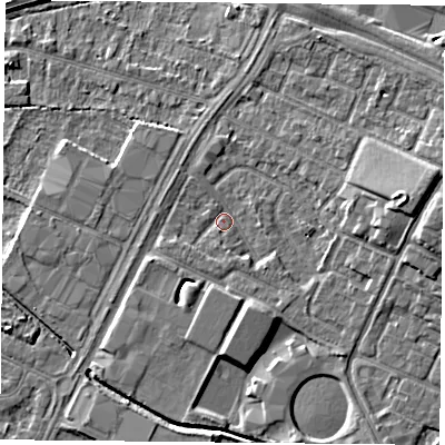 Shaded relief map of the ground around LE47NE, computed from Environment Agency LiDAR. The ground here sits at about 51 m above sea level and falls 7 m across the surrounding 800 m. Surface water reaching this point runs off ground lying to the east, 6.0 m higher.