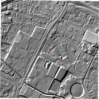 Shaded relief map of the ground around LE47NF, computed from Environment Agency LiDAR. The ground here sits at about 51 m above sea level and falls 7 m across the surrounding 800 m. Surface water reaching this point runs off ground lying to the east, 6.0 m higher.