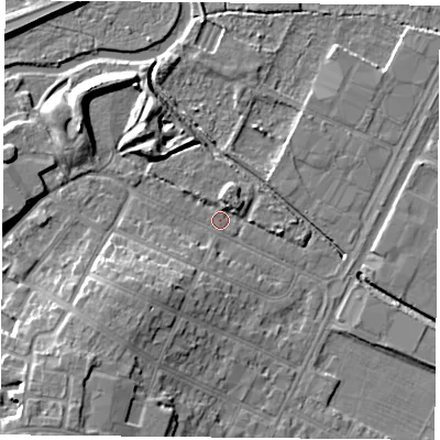 Shaded relief map of the ground around LE47NH, computed from Environment Agency LiDAR. The ground here sits at about 51 m above sea level and falls 8 m across the surrounding 800 m. Surface water reaching this point runs off ground lying to the south-west, 4.9 m higher.