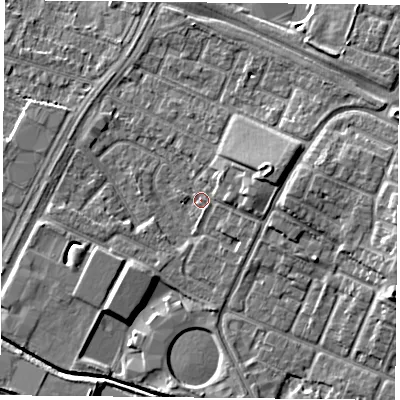 Shaded relief map of the ground around LE47NL, computed from Environment Agency LiDAR. The ground here sits at about 52 m above sea level and falls 8 m across the surrounding 800 m. Surface water reaching this point runs off ground lying to the east-north-east, 5.6 m higher.