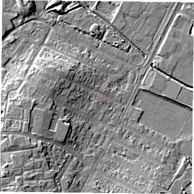 Shaded relief map of the ground around LE47NQ, computed from Environment Agency LiDAR. The ground here sits at about 52 m above sea level and falls 9 m across the surrounding 800 m. Surface water reaching this point runs off ground lying to the west, 4.4 m higher.