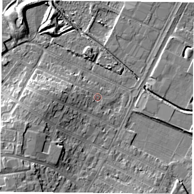 Shaded relief map of the ground around LE47NU, computed from Environment Agency LiDAR. The ground here sits at about 52 m above sea level and falls 9 m across the surrounding 800 m. Surface water reaching this point runs off ground lying to the west, 3.1 m higher.