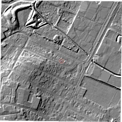 Shaded relief map of the ground around LE47NX, computed from Environment Agency LiDAR. The ground here sits at about 52 m above sea level and falls 9 m across the surrounding 800 m. Surface water reaching this point runs off ground lying to the west-south-west, 1.2 m higher.