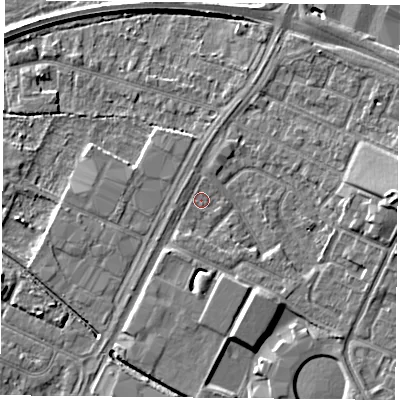 Shaded relief map of the ground around LE47PA, computed from Environment Agency LiDAR. The ground here sits at about 51 m above sea level and falls 7 m across the surrounding 800 m. Surface water reaching this point runs off ground lying to the east, 6.0 m higher.