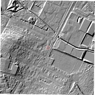 Shaded relief map of the ground around LE47PB, computed from Environment Agency LiDAR. The ground here sits at about 51 m above sea level and falls 9 m across the surrounding 800 m. Surface water reaching this point runs off ground lying to the south-west, 8.3 m higher.