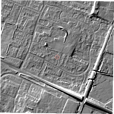 Shaded relief map of the ground around LE47PF, computed from Environment Agency LiDAR. The ground here sits at about 53 m above sea level and falls 14 m across the surrounding 800 m. Surface water reaching this point runs off ground lying to the north-north-east, 0.9 m higher.