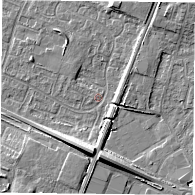 Shaded relief map of the ground around LE47PH, computed from Environment Agency LiDAR. The ground here sits at about 54 m above sea level and falls 12 m across the surrounding 800 m. Surface water reaching this point runs off ground lying to the south, 12.2 m higher.