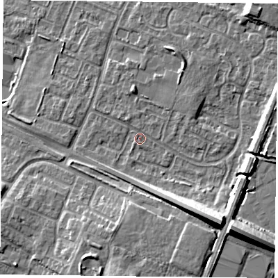 Shaded relief map of the ground around LE47PJ, computed from Environment Agency LiDAR. The ground here sits at about 53 m above sea level and falls 14 m across the surrounding 800 m. Surface water reaching this point runs off ground lying to the south-east, 12.1 m higher.