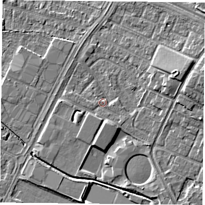 Shaded relief map of the ground around LE47PT, computed from Environment Agency LiDAR. The ground here sits at about 52 m above sea level and falls 7 m across the surrounding 800 m. Surface water reaching this point runs off ground lying to the east-north-east, 6.0 m higher.