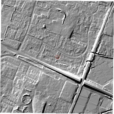 Shaded relief map of the ground around LE47PY, computed from Environment Agency LiDAR. The ground here sits at about 53 m above sea level and falls 13 m across the surrounding 800 m. Surface water reaching this point runs off ground lying to the south-east, 12.1 m higher.