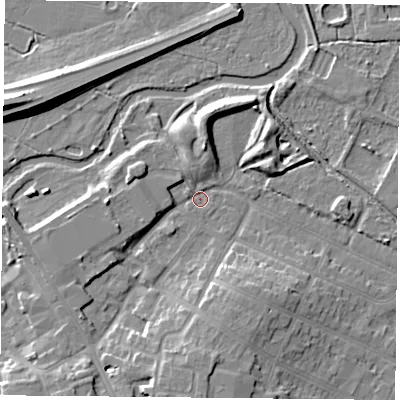 Shaded relief map of the ground around LE47QE, computed from Environment Agency LiDAR. The ground here sits at about 51 m above sea level and falls 9 m across the surrounding 800 m. Surface water reaching this point runs off ground lying to the south-south-west, 7.0 m higher.