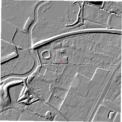 Shaded relief map of the ground around LE47QW, computed from Environment Agency LiDAR. The ground here sits at about 51 m above sea level and falls 8 m across the surrounding 800 m. Surface water reaching this point runs off ground lying to the south-south-west, 1.6 m higher.