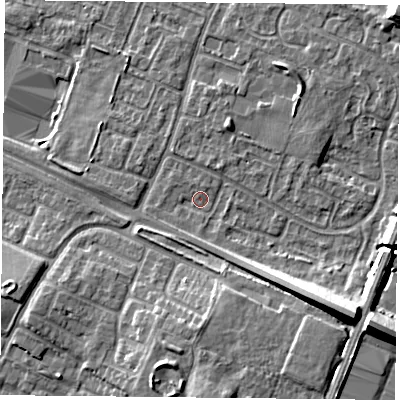 Shaded relief map of the ground around LE47RA, computed from Environment Agency LiDAR. The ground here sits at about 53 m above sea level and falls 14 m across the surrounding 800 m. Surface water reaching this point runs off ground lying to the south-east, 12.1 m higher.