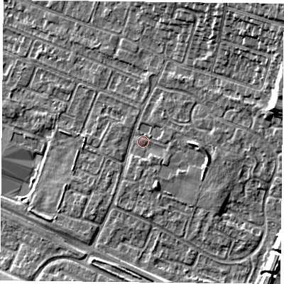 Shaded relief map of the ground around LE47RE, computed from Environment Agency LiDAR. The ground here sits at about 53 m above sea level and falls 12 m across the surrounding 800 m. Surface water reaching this point runs off ground lying to the east, 3.1 m higher.