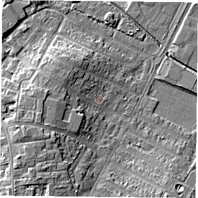 Shaded relief map of the ground around LE47RH, computed from Environment Agency LiDAR. The ground here sits at about 52 m above sea level and falls 9 m across the surrounding 800 m. Surface water reaching this point runs off ground lying to the west-south-west, 5.4 m higher.