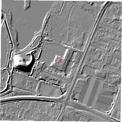 Shaded relief map of the ground around LE47RN, computed from Environment Agency LiDAR. The ground here sits at about 51 m above sea level and falls 12 m across the surrounding 800 m. Surface water reaching this point runs off ground lying to the east-north-east, 1.7 m higher.