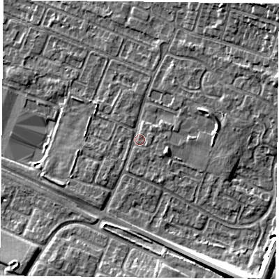 Shaded relief map of the ground around LE47RP, computed from Environment Agency LiDAR. The ground here sits at about 53 m above sea level and falls 14 m across the surrounding 800 m. Surface water reaching this point runs off ground lying to the east-south-east, 2.2 m higher.