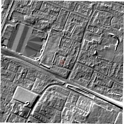 Shaded relief map of the ground around LE47RQ, computed from Environment Agency LiDAR. The ground here sits at about 54 m above sea level and falls 13 m across the surrounding 800 m. Surface water reaching this point runs off ground lying to the east-south-east, 0.6 m higher.