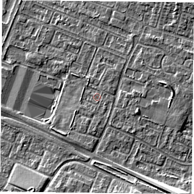 Shaded relief map of the ground around LE47RR, computed from Environment Agency LiDAR. The ground here sits at about 53 m above sea level and falls 12 m across the surrounding 800 m. Surface water reaching this point runs off ground lying to the south, 1.1 m higher.