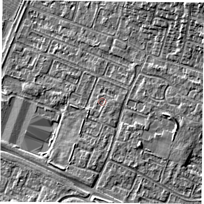 Shaded relief map of the ground around LE47RS, computed from Environment Agency LiDAR. The ground here sits at about 53 m above sea level and falls 12 m across the surrounding 800 m. Surface water reaching this point runs off ground lying to the south-south-east, 0.9 m higher.