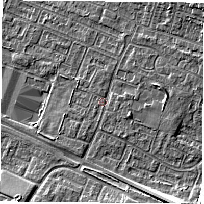 Shaded relief map of the ground around LE47RT, computed from Environment Agency LiDAR. The ground here sits at about 53 m above sea level and falls 13 m across the surrounding 800 m. Surface water reaching this point runs off ground lying to the east-north-east, 3.1 m higher.