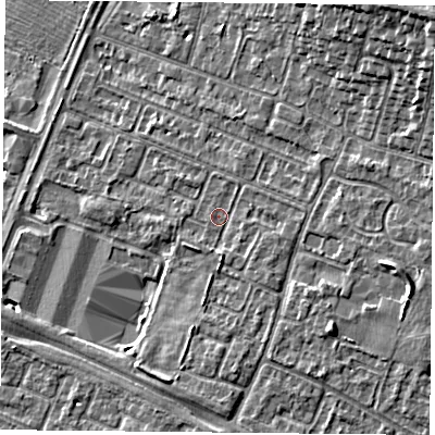 Shaded relief map of the ground around LE47RU, computed from Environment Agency LiDAR. The ground here sits at about 52 m above sea level and falls 12 m across the surrounding 800 m. Surface water reaching this point runs off ground lying to the south, 1.6 m higher.