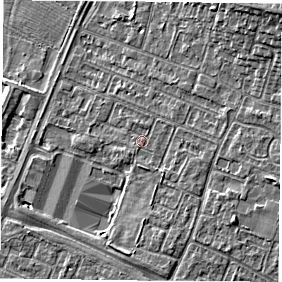 Shaded relief map of the ground around LE47RW, computed from Environment Agency LiDAR. The ground here sits at about 52 m above sea level and falls 11 m across the surrounding 800 m. Surface water reaching this point runs off ground lying to the south-east, 1.7 m higher.