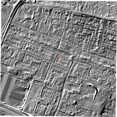 Shaded relief map of the ground around LE47RX, computed from Environment Agency LiDAR. The ground here sits at about 52 m above sea level and falls 12 m across the surrounding 800 m. Surface water reaching this point runs off ground lying to the south-east, 3.6 m higher.