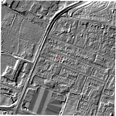 Shaded relief map of the ground around LE47RY, computed from Environment Agency LiDAR. The ground here sits at about 51 m above sea level and falls 12 m across the surrounding 800 m. Surface water reaching this point runs off ground lying to the east-south-east, 2.6 m higher.