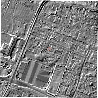 Shaded relief map of the ground around LE47RZ, computed from Environment Agency LiDAR. The ground here sits at about 52 m above sea level and falls 11 m across the surrounding 800 m. Surface water reaching this point runs off ground lying to the south-east, 2.2 m higher.