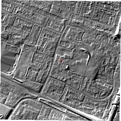 Shaded relief map of the ground around LE47SA, computed from Environment Agency LiDAR. The ground here sits at about 54 m above sea level and falls 13 m across the surrounding 800 m. Surface water reaching this point runs off ground lying to the north, 0.8 m higher.