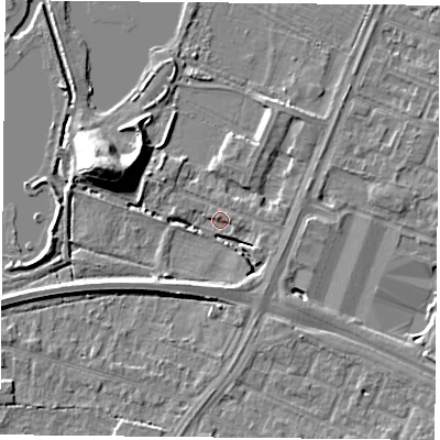 Shaded relief map of the ground around LE47SD, computed from Environment Agency LiDAR. The ground here sits at about 51 m above sea level and falls 12 m across the surrounding 800 m. Surface water reaching this point runs off ground lying to the east-south-east, 1.4 m higher.