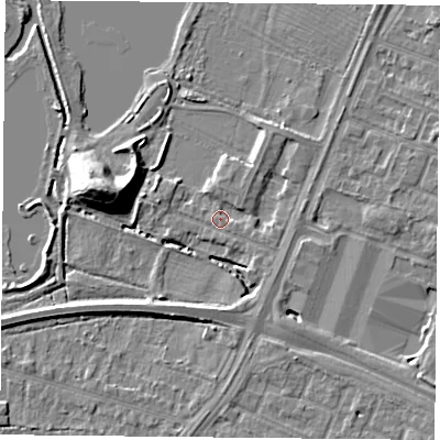 Shaded relief map of the ground around LE47SE, computed from Environment Agency LiDAR. The ground here sits at about 51 m above sea level and falls 12 m across the surrounding 800 m. Surface water reaching this point runs off ground lying to the east-south-east, 1.8 m higher.
