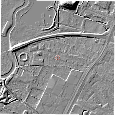 Shaded relief map of the ground around LE47SF, computed from Environment Agency LiDAR. The ground here sits at about 51 m above sea level and falls 12 m across the surrounding 800 m. Surface water reaching this point runs off ground lying to the east, 2.2 m higher.