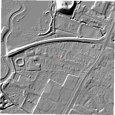 Shaded relief map of the ground around LE47SG, computed from Environment Agency LiDAR. The ground here sits at about 50 m above sea level and falls 12 m across the surrounding 800 m. Surface water reaching this point runs off ground lying to the east, 2.2 m higher.