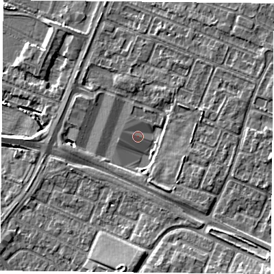 Shaded relief map of the ground around LE47SJ, computed from Environment Agency LiDAR. The ground here sits at about 51 m above sea level and falls 9 m across the surrounding 800 m. Surface water reaching this point runs off ground lying to the south-east, 7.7 m higher.