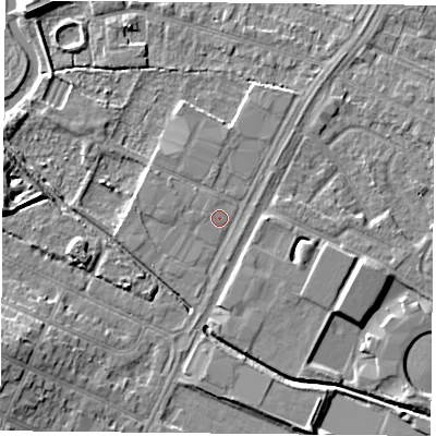 Shaded relief map of the ground around LE47SL, computed from Environment Agency LiDAR. The ground here sits at about 52 m above sea level and falls 6 m across the surrounding 800 m. Surface water reaching this point runs off ground lying to the south, 1.5 m higher.