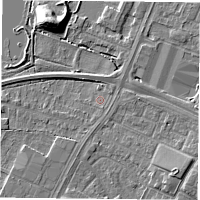 Shaded relief map of the ground around LE47SN, computed from Environment Agency LiDAR. The ground here sits at about 51 m above sea level and falls 12 m across the surrounding 800 m. Surface water reaching this point runs off ground lying to the south-south-east, 1.1 m higher.