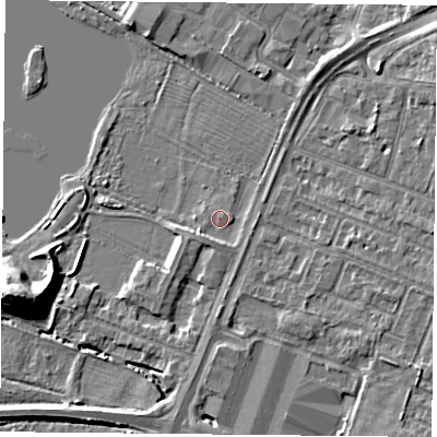 Shaded relief map of the ground around LE47SP, computed from Environment Agency LiDAR. The ground here sits at about 51 m above sea level and falls 12 m across the surrounding 800 m. Surface water reaching this point runs off ground lying to the south-west, 1.6 m higher.