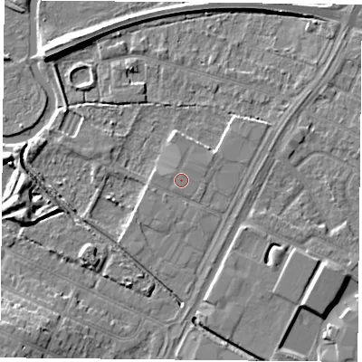 Shaded relief map of the ground around LE47ST, computed from Environment Agency LiDAR. The ground here sits at about 52 m above sea level and falls 6 m across the surrounding 800 m. The ground contributing surface water to this point lies to the west-north-west.