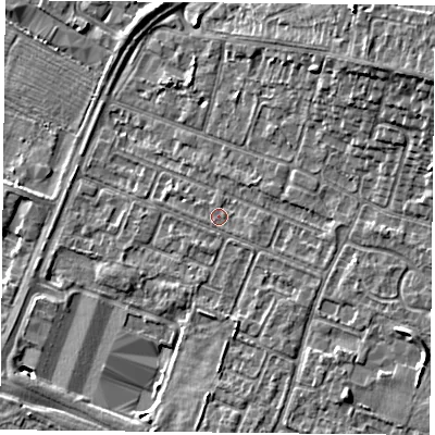 Shaded relief map of the ground around LE47SU, computed from Environment Agency LiDAR. The ground here sits at about 52 m above sea level and falls 11 m across the surrounding 800 m. Surface water reaching this point runs off ground lying to the east-south-east, 1.0 m higher.