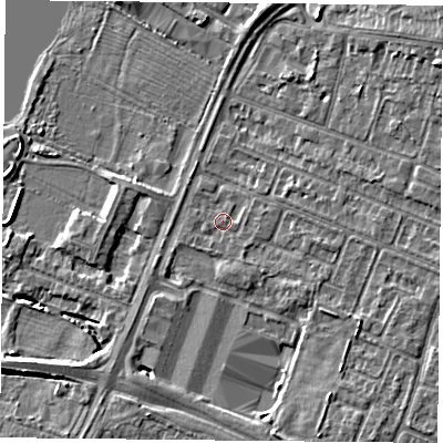Shaded relief map of the ground around LE47SW, computed from Environment Agency LiDAR. The ground here sits at about 51 m above sea level and falls 9 m across the surrounding 800 m. Surface water reaching this point runs off ground lying to the south-south-east, 1.2 m higher.
