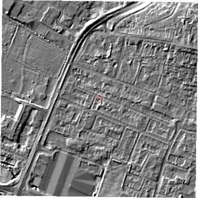 Shaded relief map of the ground around LE47SX, computed from Environment Agency LiDAR. The ground here sits at about 51 m above sea level and falls 12 m across the surrounding 800 m. Surface water reaching this point runs off ground lying to the east-south-east, 2.8 m higher.
