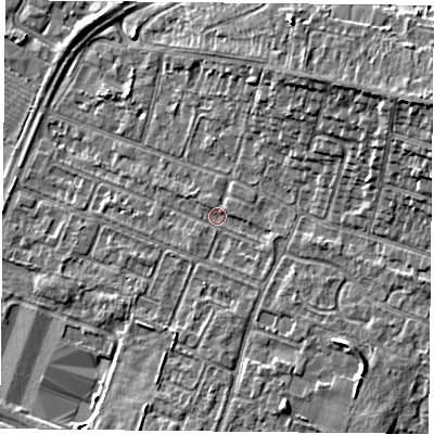 Shaded relief map of the ground around LE47SY, computed from Environment Agency LiDAR. The ground here sits at about 52 m above sea level and falls 12 m across the surrounding 800 m. Surface water reaching this point runs off ground lying to the south-east, 3.6 m higher.