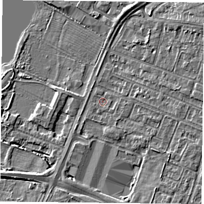 Shaded relief map of the ground around LE47SZ, computed from Environment Agency LiDAR. The ground here sits at about 51 m above sea level and falls 9 m across the surrounding 800 m. Surface water reaching this point runs off ground lying to the south-east, 0.6 m higher.