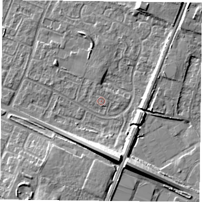 Shaded relief map of the ground around LE47TP, computed from Environment Agency LiDAR. The ground here sits at about 54 m above sea level and falls 13 m across the surrounding 800 m. Surface water reaching this point runs off ground lying to the north-north-west, 1.3 m higher.